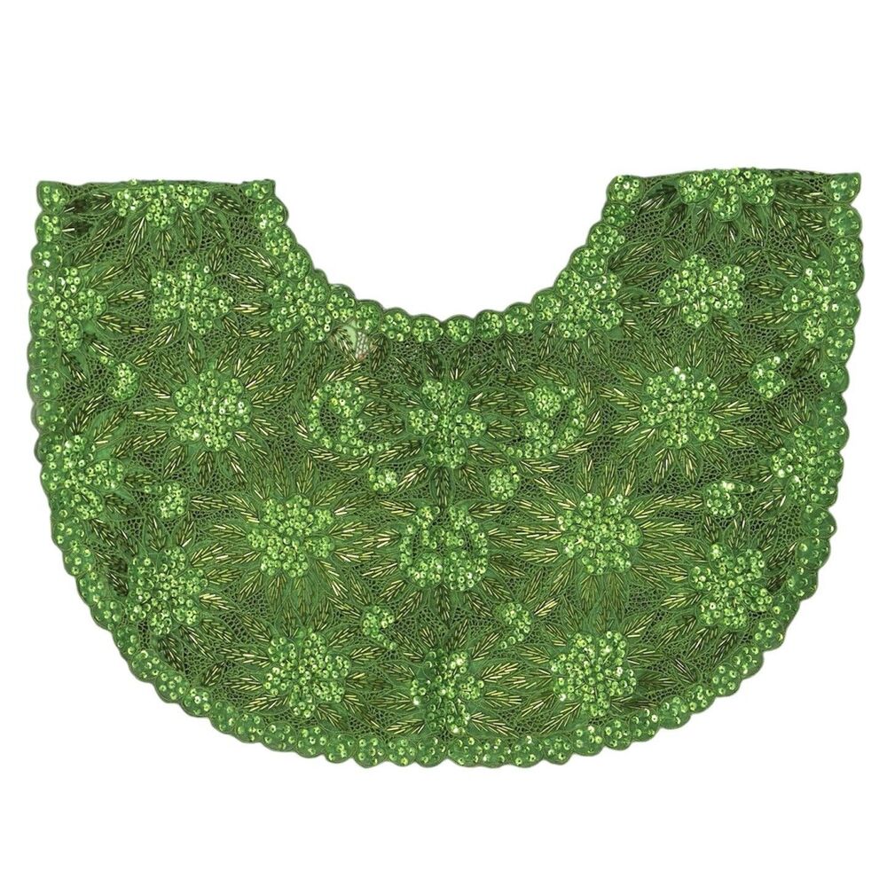 Vintage Sequin Beaded Lace Collar Capelet Floral Applique Scalloped Statement